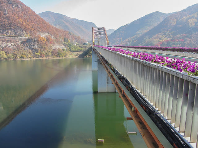 韓國丹陽 橫躺南漢江兩岸的古藪橋 (고수교)