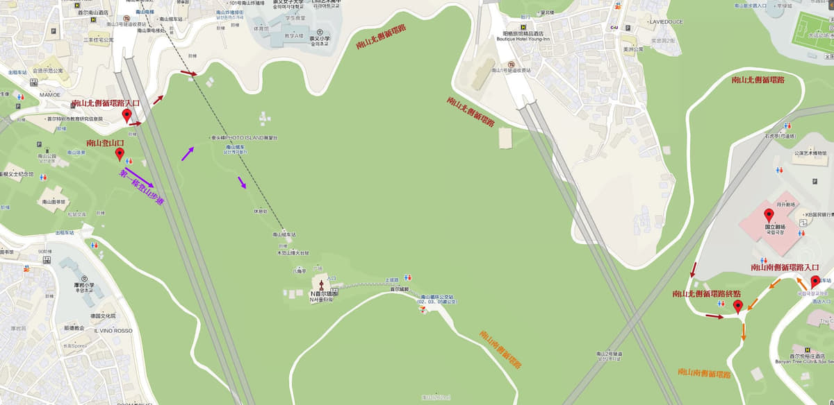 韓國首爾南山公園 南山北側循環路地圖