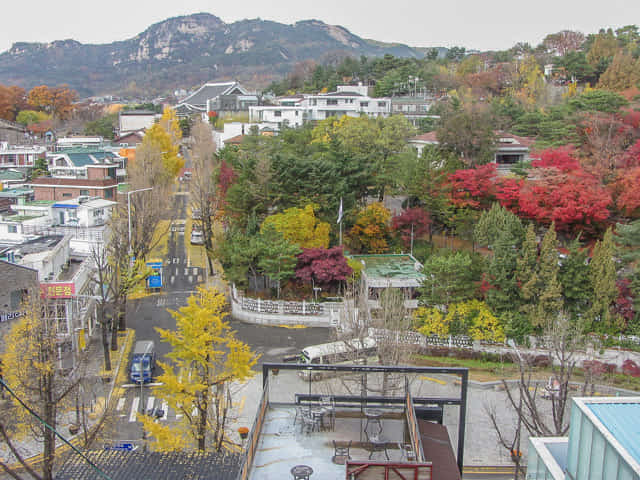 北村韓屋村 眺望三清洞、 北岳山紅楓葉、黃銀杏秋天景色